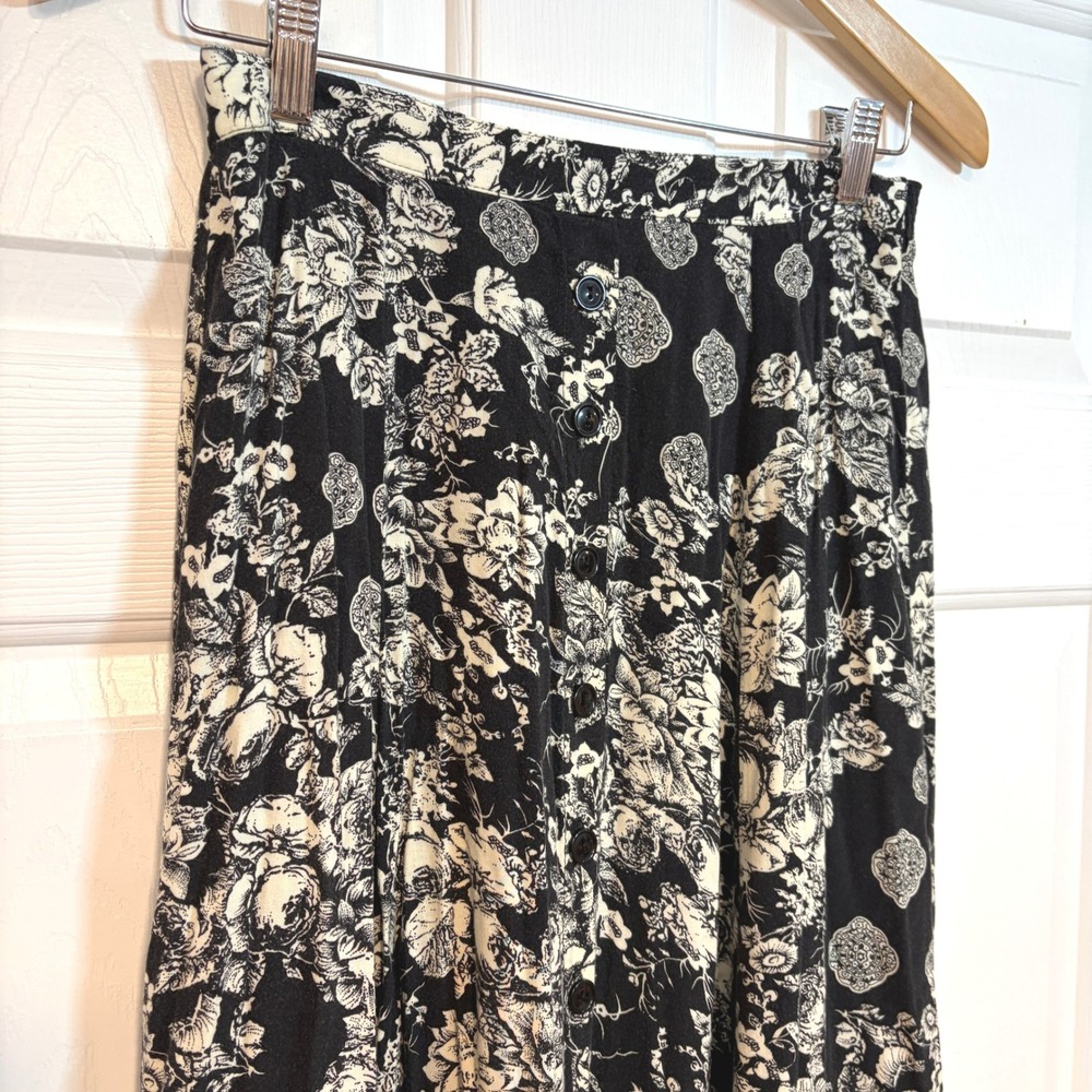 Ship'nShore Vintage 90s Floral Button Front Long Midi Skirt Black White Rayon S